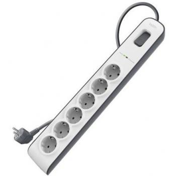 Belkin BSV603vf2M Regleta de Protección contra Sobretensiones con 6 Tomas de Corriente, Interruptor de Encendido/Apagado, Cable de 2 Metros, Color Blanco/Gris
