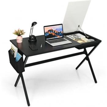 Mesa Gaming 120 x 60 cm con Cajón Cubo y Bolsa de Almacenamiento Lateral, Escritorio Moderno para Ordenador en Negro