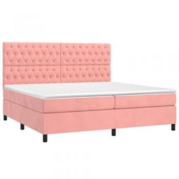 Cama box spring con colchón viscoelástico de muelles ensacados adaptable acolchado reversible en terciopelo rosa 200x200 cm