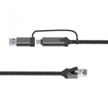 Adaptador Microconnect CAT6 RJ45 a USB-A/USB-C, 5 metros, color negro