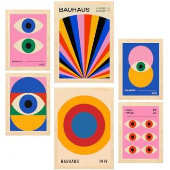 Set de 6 Pósters Geométricos Bauhaus con Formas y Ojos para Decoración de Paredes - Tamaños A3 y A4, Sin Marco