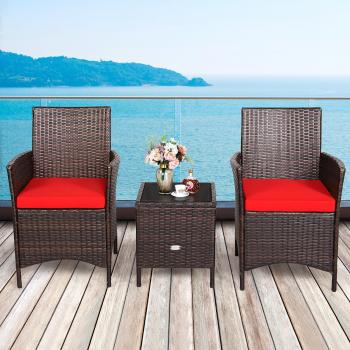 Goplus® 3-Piece Rattan Patio Furniture Set with Cushions and Glass Tabletop