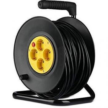Bobina de cable 25m con 4 tomas Schuko y protección térmica, 3G 1.5mm², color negro
