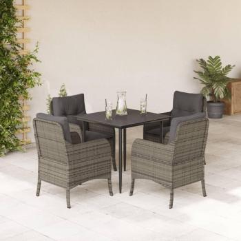 5-Piece Grey Poly Rattan Garden Dining Set with Cushions