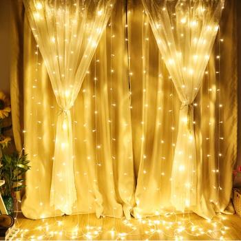 LE Cortina de Luces LED con Enchufe 3x3m 306 LED, Luz Decorativa Blanco Cálido, Impermeable para a Interior y Exterior, 8 Modos Luz, Cadena Luces para Fiestas, Bodas, Jardin, Navidad, Aniversario, etc