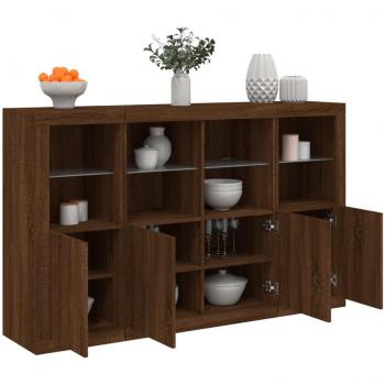 Aparador con luz LED 3 piezas de madera de ingeniería marrón roble, mueble de almacenaje moderno para salón, armarios con puertas y cajón de madera, buffet y armario auxiliar