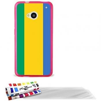 Carcasa Flexible Ultra-Slim HTC ONE / M7 de exclusivo motivo [Gabon Bandera] [Rosa] de MUZZANO  + 3 Pelliculas de Pantalla UltraClear + ESTILETE y PAÑO MUZZANO REGALADOS - La Protección Antigolpes ULTIMA, ELEGANTE Y DURADERA para su HTC ONE / M7