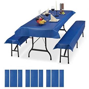 Set de 12 Manteles y Fundas para Mesa y Bancos de Jardín, 250x55 cm, Fáciles de Limpiar, Color Azul