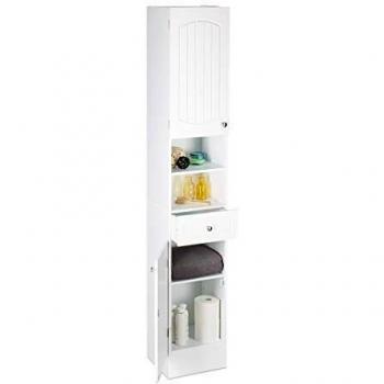 Armario Alto de Baño Relaxdays, 2 Puertas y Cajón, Laminado, 173.5 x 30.5 x 32 cm, Blanco