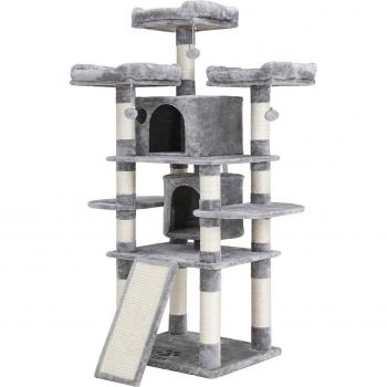 Torre grande para gatos de 172 cm con 3 plataformas, 2 cuevas de peluche, troncos de sisal gruesos, rascador, estable en gris oscuro o gris claro