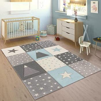 Alfombra Infantil 3D Lunares Con Estrellas, Alfombra Infantil Pastel Cuadros Puntos Corazones Estrellas Blanco Gris Azul ø 160 cm redondo - Paco Home, Paco Home Alfombra Infantil Pastel Cuad