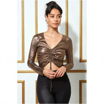 Goddiva Metallic String Long Sleeve Top - Blackgold