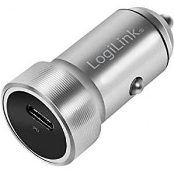 LogiLink PA0260 Cargador de Coche USB-C para Smartphone y Tableta, Aluminio, Color Plata, con Función de Encendedor de Cigarrillos y Carga Rápida, Compatible con Auto