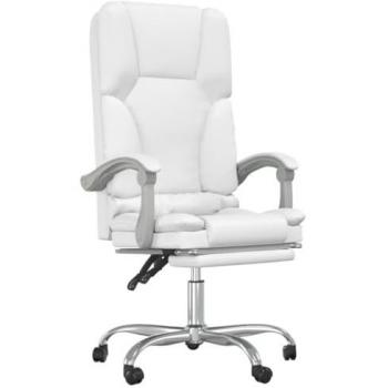 Silla de oficina reclinable con masaje en cuero sintético blanco, respaldo ajustable, altura regulable y reposabrazos ergonómico