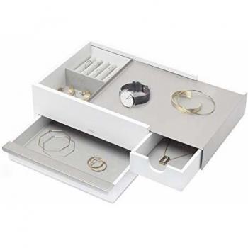 Joyero Stowit de Umbra - Caja de almacenamiento de joyas en madera y metal, 26 x 22 cm, diseño blanco y níquel