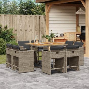 Set de almuerzo de jardín de 9 piezas con cojines de polyrattan gris