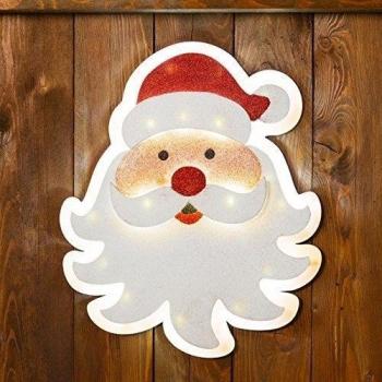 Cara Papá Noel con purpurina 29 x h. 35 cm, 20 LED luz cálida, figura navideña, decoraciones luminosas para colgar