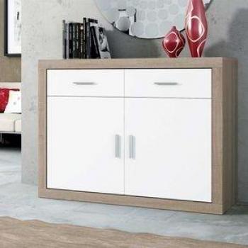 Aparador Lara con 2 cajones y 2 puertas en acabado cambria/blanco de 90,2x120x41,4 cm
