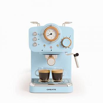 Cafetera Express Semiautomática Thera Retro Azul Mate y Madera - 20 Bares, 1,25L, Vaporizador, Café Molido y Monodosis ESE 55mm