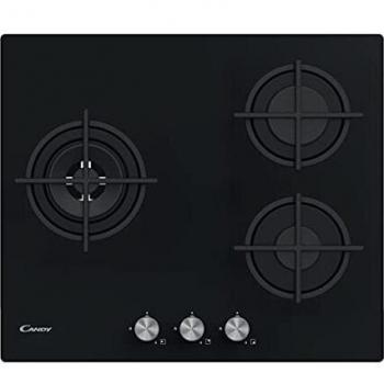 Candy New Timeless CSG63B4PB, Placa Gas de Cristal, 3 Fuegos, 60CM, Gas Natural adaptable a Gas Butano, 7,7KW, 3 Rejillas aptas para lavavajillas, Válvula Seguridad Sicurflame, Negro