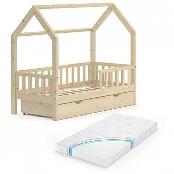 Cama en forma de casa Wiki, Madera natural, 80x160 cm con cajones y colchón incluido