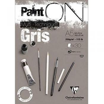 Clairefontaine 975808C Bloc Collé PaintON Multi-techniques - 30 Feuilles Papier Dessin Multi-techniques au Grain Légèrement Rugueux - Gris - A5 14,8x21 cm 250g