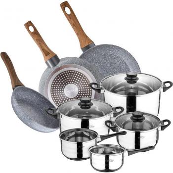 San Ignacio Toledo Batería de Cocina 8 Piezas en Acero Inoxidable con Daimiel Set de 3 Sartenes de Aluminio Forjado (22,26,28 cm)