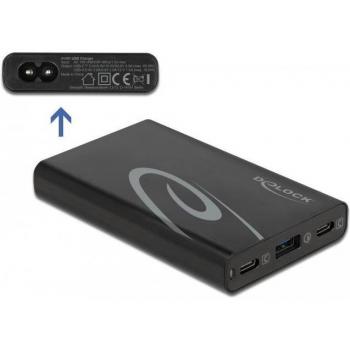 Cargador USB Delock 60W con 2 puertos USB Type-C PD 3.0 y 1 puerto USB Tipo-A, entrada AC 100-240V, color negro