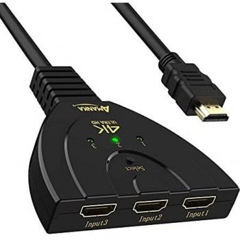 AMANKA HDMI Switch Conmutador HDMI 3D 4K, HDMI Switch 3 en 1 Compatible PS4 PS3 Xbox Switch Chromecast DVD BLU-Ray Decodificador Movistar Receptor Satélite PC TV y Más HDMI Aparatos