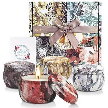 YMing Juego de 4 velas perfumadas, velas de cera de soja natural portátiles de 4.4 oz, velas de regalo para mujeres con aceites esenciales para aliviar el estrés y aromaterapia, Flower Story.