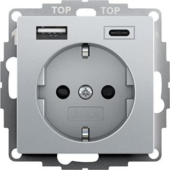 Gira 245926 System 55 Wall Socket with Ground, 16A 250V, Integrated Touch Protection and USB-A & USB-C Ports, Aluminium Finish