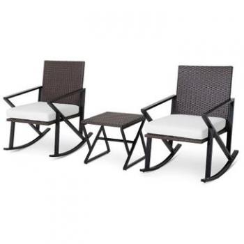 3-Piece Cushioned Rattan Wicker Rocking Chair Bistro Set