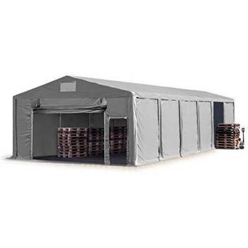Carpa almacén TOOLPORT 8x12 m, altura lateral 3m, PVC 850 N, gris, 100% impermeable, con puerta levadiza