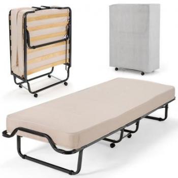 Costway Folding Bed with Memory Foam Mattress Dust-Proof Bag Rollaway Metal Bed Sleeper Made in Italy