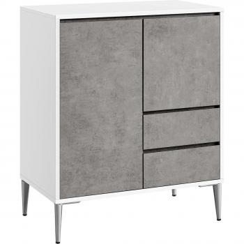 Mueble de TV Aparador de Almacenaje Moderno 40x70x85 cm con 2 Compartimentos, Puertas, Estantes Ajustables y 2 Cajones en Blanco Nube y Gris Cemento
