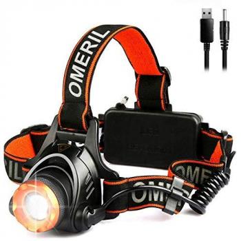 OMERIL Linterna Frontal LED Linterna Cabeza USB Recargable con 2 Baterías - 4000mAh, XM-L T6 LED, 3 Modos, 500M de Iluminación, Zoomable Linterna LED para Camping, Excursión, Pesca, Ciclismo, Carrera
