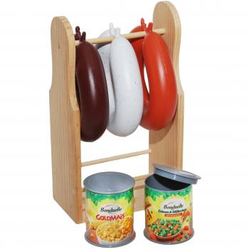Soporte de Salchichas de Madera con 3 Salchichas de Plástico y 2 Latas - Set de Juego Tanner 0304.8