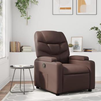 Sillón reclinable de cuero marrón con estructura de madera, tapizado en cuero sintético, reposabrazos acolchados, mecanismo de reclinación manual y base giratoria