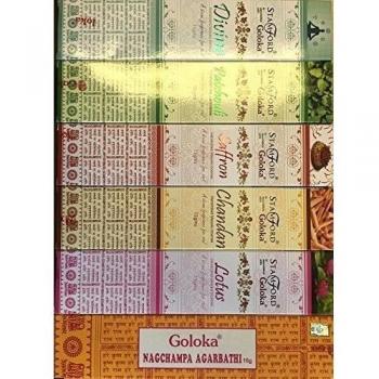 Goloka Nag Champa Variety Carton Mix 12 X 15G Boxes of Incense - 2 Packets Each of Nag Champa, Chandan, Patchouli, Saffron, Divine And Lotus by Goloka