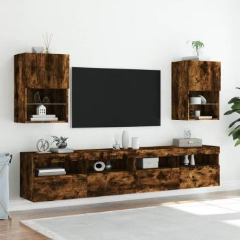 Mueble de TV con luces LED, 2 unidades, dimensiones 40,5x30x60 cm, color roble ahumado, diseño moderno para salón