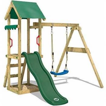 Parque infantil de madera TinyWave con columpio, tobogán, torre de escalada, arenero y escalera para niños - verde