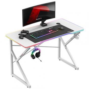 Escritorio Gaming Huzaro Hero 1.7 RGB Blanco con Iluminación LED, Soporte para Auriculares y Bebidas, Superficie de Fibra de Carbono, 120 x 60 cm