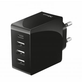 Trust Urban 22029 - Cargador de pared inteligente con 1 puerto USB-C y 3 USB-A , color negro