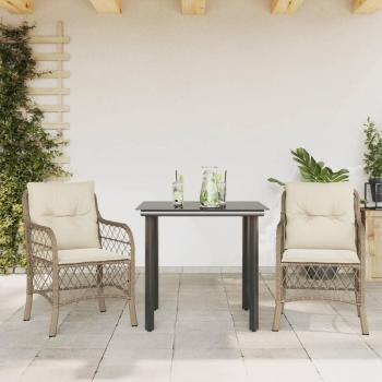 Beige Poly Rattan 3-Piece Bistro Set with Cushions