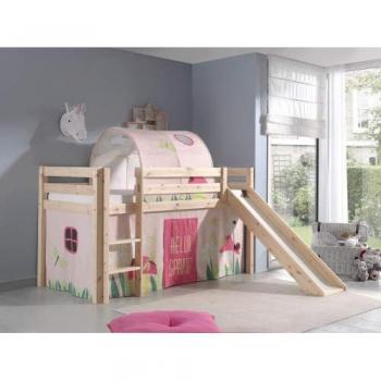Cama Alta con Tobogán 90x200 cm, Tienda y Túnel, Pino Macizo Claro