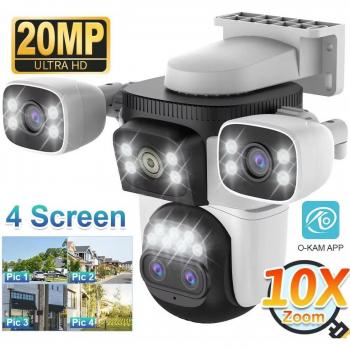 Cámara de seguridad exterior WiFi 20MP con zoom óptico 10X, resolución 10K, cuatro lentes, cuatro pantallas, PTZ, audio bidireccional y seguimiento automático CCTV 6K