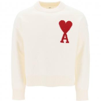 Ami Paris Intarsia Knit Sweater in Ivory for Women, Size Small, BFUKS006018 Color 154; Ami Paris Intarsia Knit Sweater for Men, Size XL, White; Ami Paris Sweatshirt for Men, Size