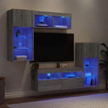 Mueble de TV Wall con LED 5 Piezas Gris Sonoma en Madera Ingenierizada