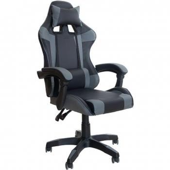 Silla Gaming Ergonómica de Polipiel Gris y Negra con Estructura Metálica, Reposabrazos Acolchados, Cojín Lumbar y Reposacabezas Regulable 64x109/119