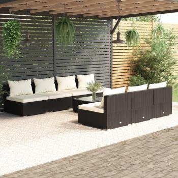 8-Piece Black Poly Rattan Garden Lounge Set with Cushions